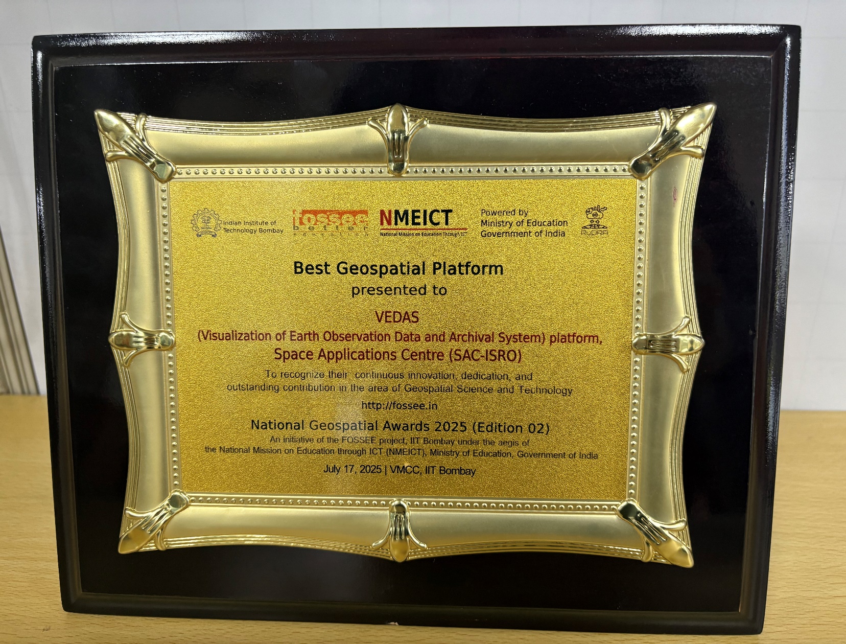 VEDAS received the “Best Geospatial Platform (National Jury Award)” by FOSSEE GIS, IIT Mumbai